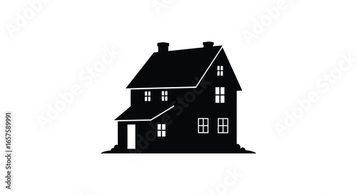 A black silhouette of a two story house with a gable roof and chimney