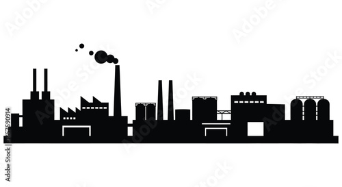 Industrial cityscape silhouette with factories and smokestacks emitting smoke