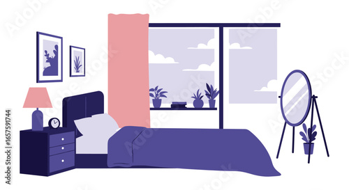 A cozy bedroom with a bed nightstand and window with a view silhouette