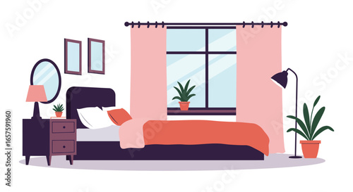 A cozy bedroom with a bed dresser and plants silhouette