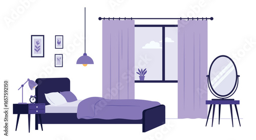 A minimalist bedroom with a bed nightstand and vanity in shades of purple silhouette