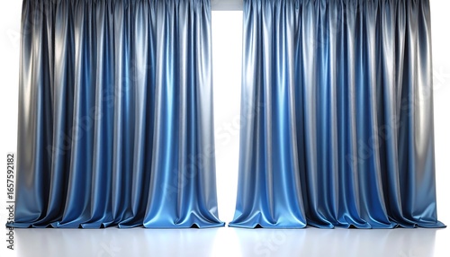 Luxurious Blue Satin Curtains Framing a Bright Window Opening, Elegant and Smooth Drape of Blue Fabric Creating a Sophisticated Backdrop