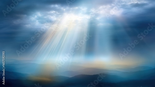 Majestic Sunbeams Breaking Through Dark Clouds Illuminating Mountain Landscape.