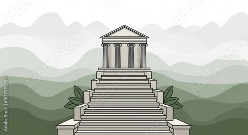 Ancient greek temple architecture drawing with stairs and mountain background vector art illustration design