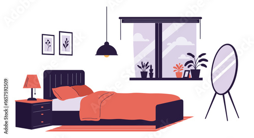 a bedroom with a bed and a window and a mirror silhouette