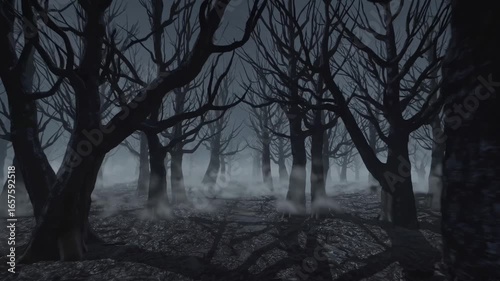 
swirling fog envelops leafless trees in a dark, eerie forest, crafting a mysterious and spooky atmosphere that evokes feelings of suspense and intrigue in the twilight landscape 4k video