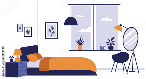 A modern bedroom with a bed nightstand and window with plants silhouette