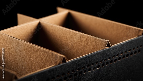 Close-up of a partitioned cardboard box with kraft inserts and a black exterior