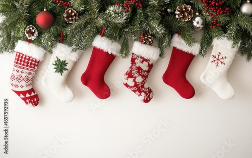 A classic red Christmas stocking hangs on a festive fir tree, decorated with ornaments and a gold star