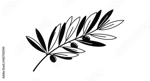 A black and white illustration of an olive branch with leaves and olives silhouette
