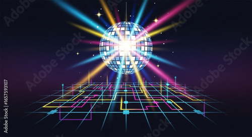 Retro disco ball party lights background vector illustration for dance and music event design asset