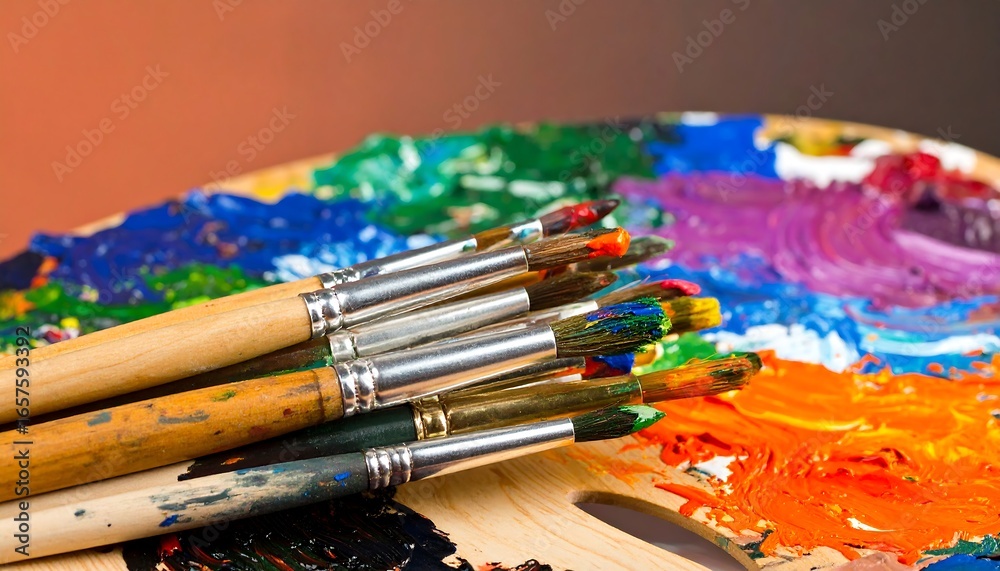 Obraz premium A collection of 's brushes rests atop a colorful palette, displaying a variety of vibrant hues and textures.
