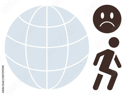 Standing figure with a sad face beside a globe, suggesting shared global challenges. Ideal for concepts of global crisis, mental health, depression, loneliness, struggle, humanity awareness. Simple