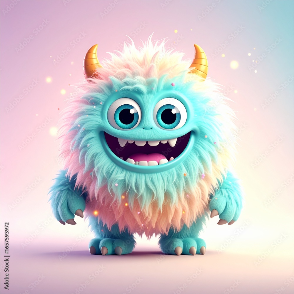 Naklejka premium A cheerful, furry monster with pastel hues and sparkling details stands out against a soft, diffused backdrop.