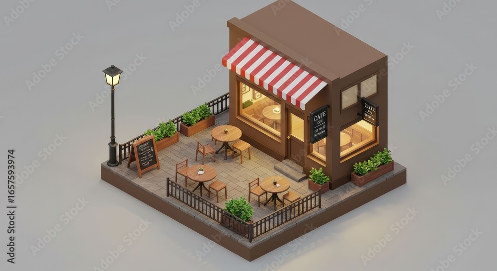 Obraz premium Isometric Rendered 3D Cafe Shop Restaurant with Outdoor Seating Illustration