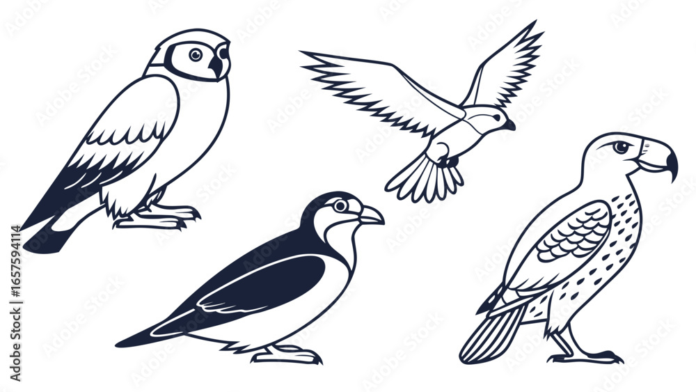 Obraz premium Bird Illustrations – Owl, Falcon, Hawk, Flying Bird and Songbird Vector Art Designs Representing Wildlife, Nature and Avian Species.