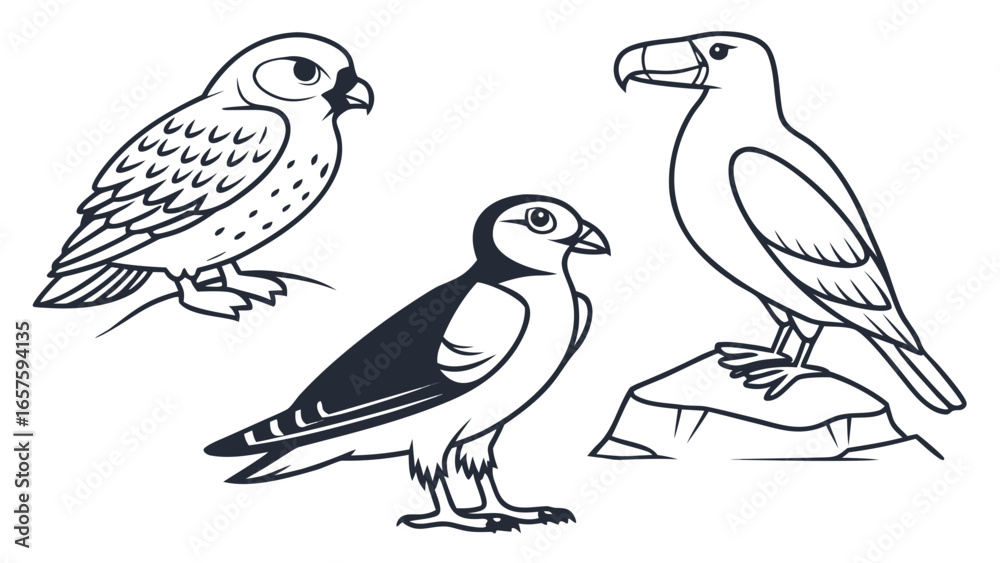 Fototapeta premium Owl, Puffin and Exotic Bird Line Art – Bird Vector Illustrations, Wildlife Clipart, Hand Drawn Bird Sketches for Coloring Pages, Nature Projects and Kids Designs.