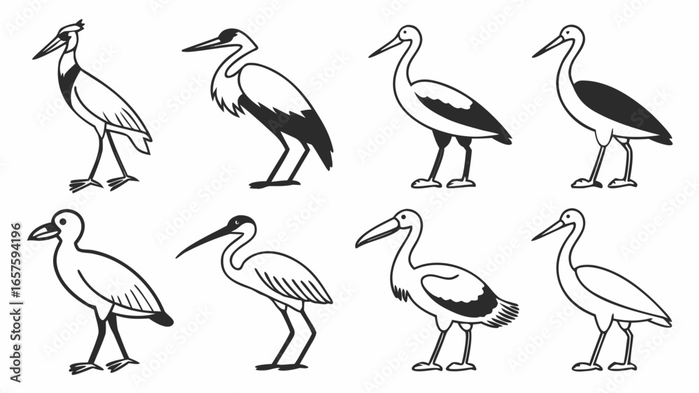 Obraz premium Stork and Heron Vector Illustrations – Elegant Water Birds Standing and Posing, Wildlife Avian Sketches for Nature, Birdwatching, Zoo, and Animal Art Designs.