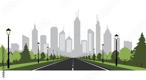 A city skyline with tall buildings and trees along a road silhouette