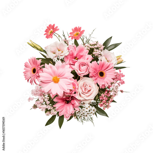A vibrant bouquet of pink flowers arranged in a lush, decorative cluster