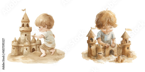 cute kid build sand castle watercolor vector illustration