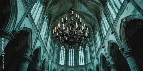Two-story villa interior with large central chandelier, arched balconies, wall sconces, plants, and stone walls illuminated by warm light. Generative by AI.