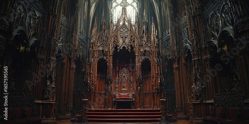 Elaborately carved wooden church altarpiece with tall spires, gothic arches, central cross, and sculpted figures illuminated by focused lighting. Generative by AI.