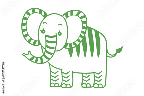 Cartoon elephant smiles playfully with its striped ears and trunk outlined in green