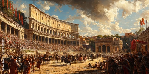 Roman city scene with Colosseum, crowds of soldiers, ruins, columns, smoke, and blue sky in a bustling ancient setting. Generative by AI.
