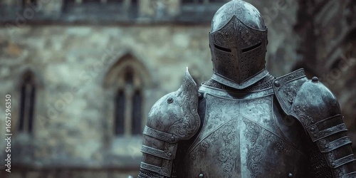 Armored knight with red cape stands on stone wall overlooking large gothic-style cathedral amid dense clouds and city towers. Generative by AI.