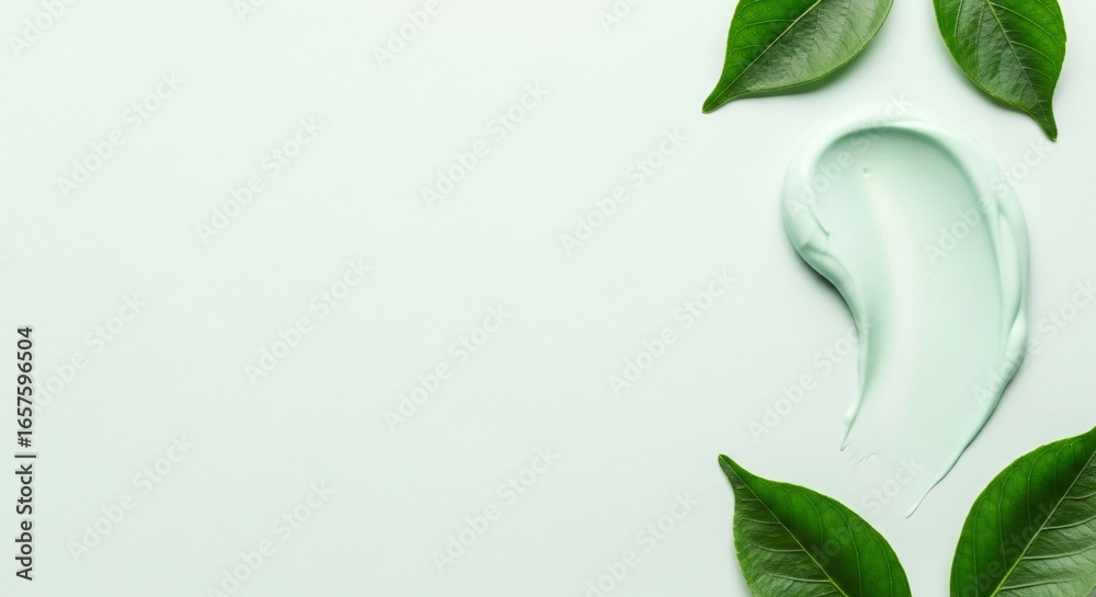 Obraz premium Natural Green Cream Cosmetic Product with Fresh Leaves on a Mint Background