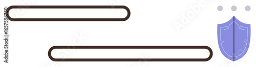 Purple shield with three dots above alongside two horizontal loading bars. Ideal for protection, cybersecurity, progress, safety, data transfer, technology processes, simple flat metaphor