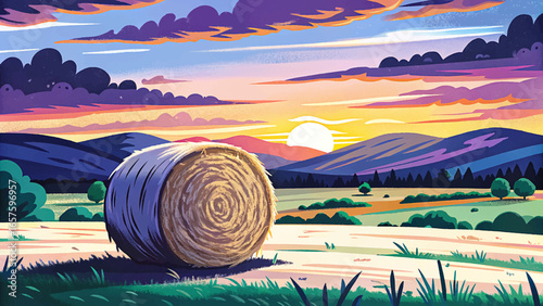 Golden hay ball in a wide rural landscape during sunset, symbolizing countryside farming, agricultural harvest, peaceful nature, and the beauty of rustic farmland scenery.