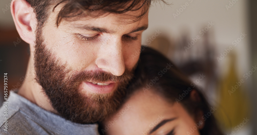 Obraz premium Face, hug and smile with couple in home together for comfort, safety or security of relationship. Bonding, connection and trust with woman on chest of man in apartment for cuddle, love or romance