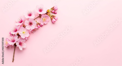 Cherry Blossom Flowers on Pink Background Spring Blooms Floral Branch Nature Beautiful Sakura Twig Petals Delicate Freshness Romance Elegant