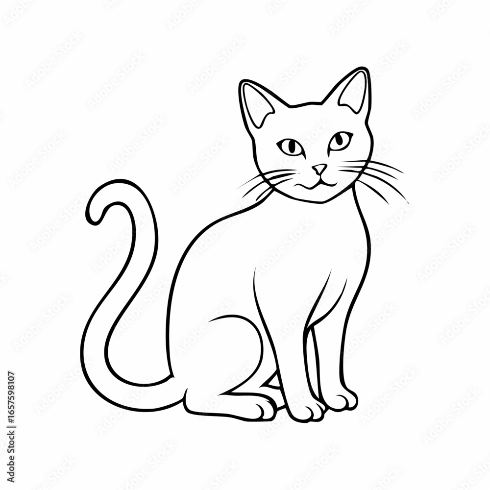 Obraz premium A charming black and white line drawing of a sitting cat, capturing the essence of the domestic feline with clean, artistic strokes in a versatile and iconic pose.