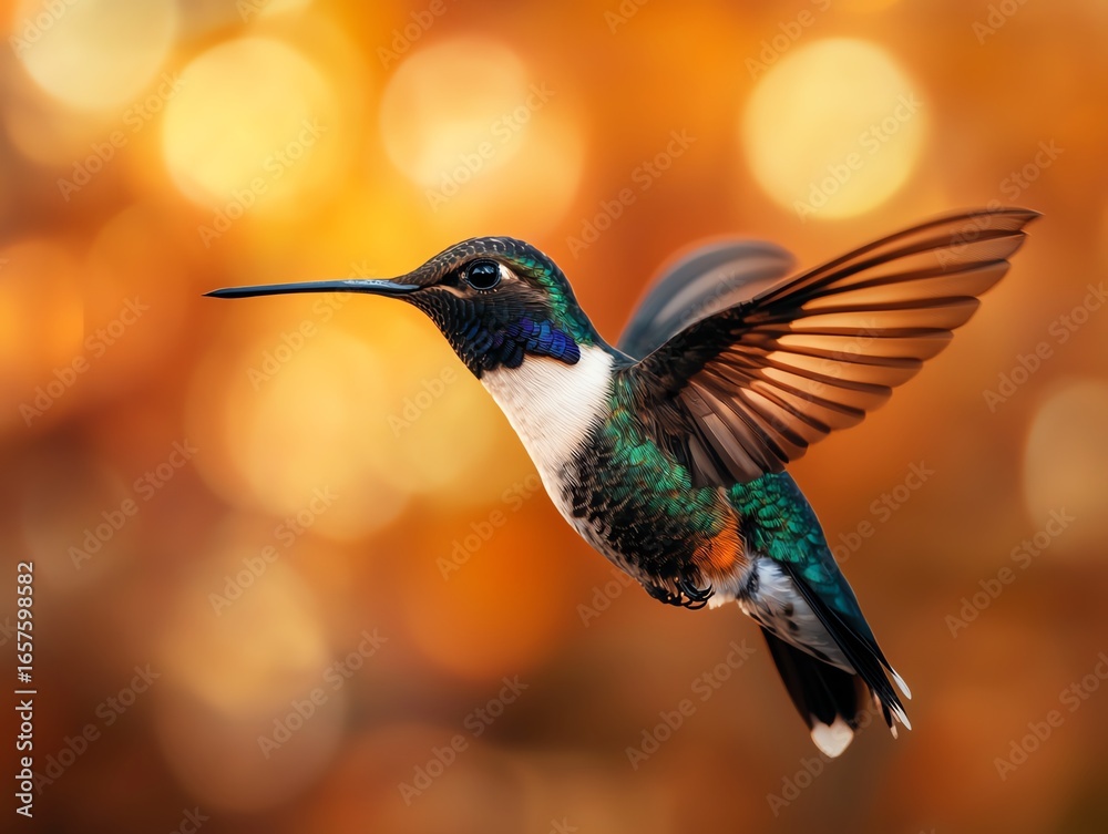 Naklejka premium A hummingbird caught between two realms one filled with golden morning light, the other with deep twilight blues