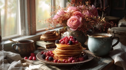 Wallpaper Mural Delicious stack of pancakes with fresh berries and coffee beside a floral bouquet in warm light Torontodigital.ca
