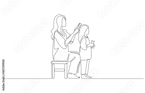 Continuous one line drawing of mother gently combing her daughter's hair, symbolizing care, nurturing, love, and strong bond between parent and child, single line art.