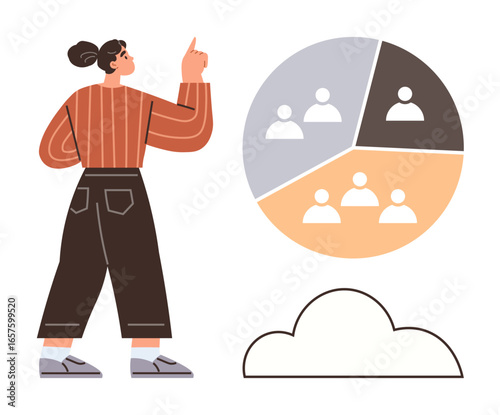 Person pointing at segmentation chart with group icons. Ideal for teamwork, analytics, networking, technology, collaboration, data sharing, communication themes. Modern and simple flat metaphor