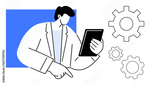 Individual examining tablet with gears symbolizing technology, analysis, mechanics, and innovation. Ideal for technology, engineering, problem-solving, productivity, digital workflows automation