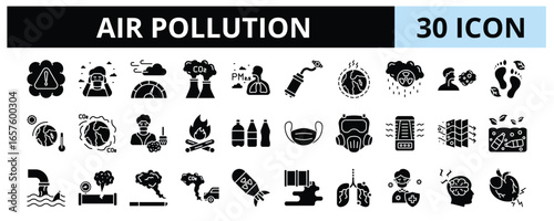30 Air Pollution Glyph Icons Vector - Industrial Emission, Particulate Matter, Ozone Depletion, Acid Rain, Greenhouse Effect, Pneumonia 