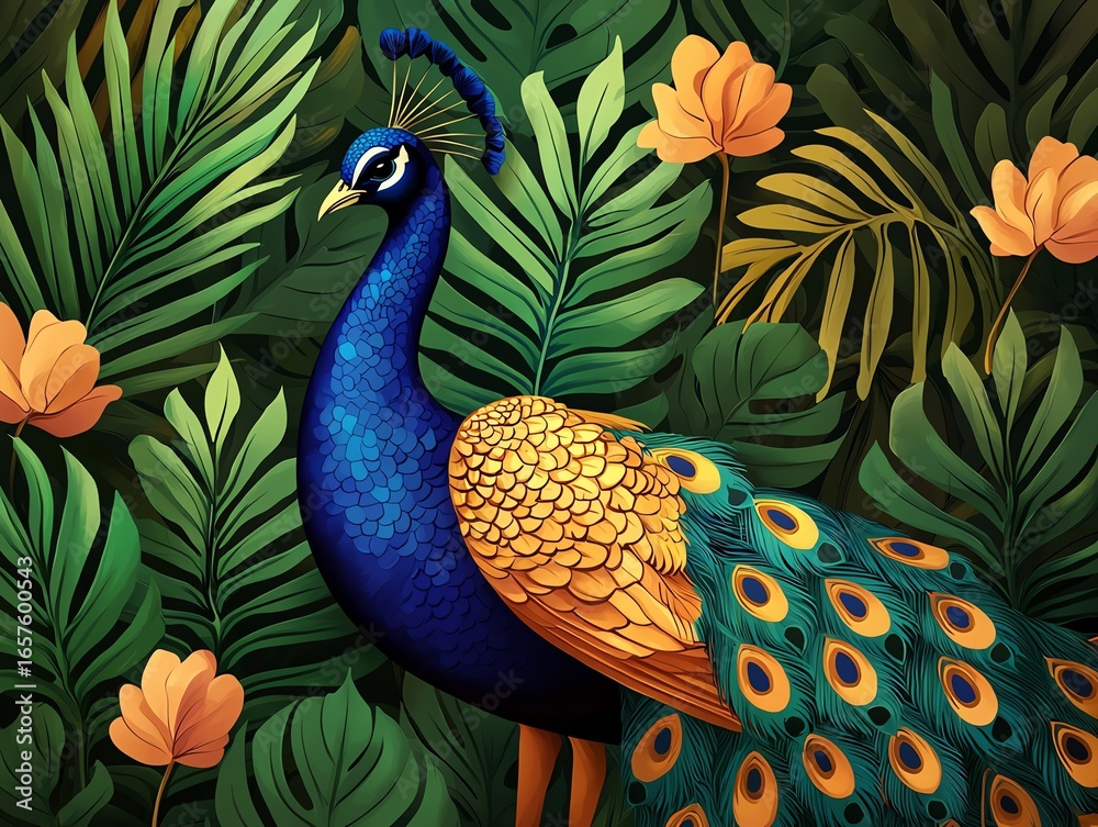 Fototapeta premium A regal peacock in geometric Art Deco style, golden hues, sophisticated vintage elegance