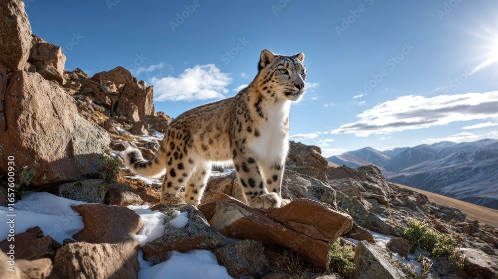 Fototapeta premium snow leopard poised on a rugged rocky mountain slope under a clear, bright blue sky