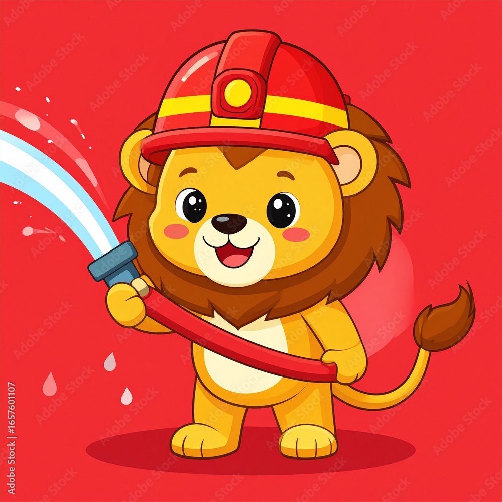 Fototapeta premium A cheerful lion cub, dressed in a firefighter's helmet, holds a water hose, ready to fight a fire.