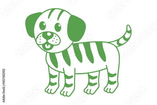 Cheerful cartoon dog with green stripes appears playful and friendly on the blank background