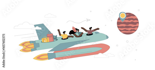 Space shuttle flight. Space tourism. Space trip. Cosmonautics. Colonization of Mars. People flying in a spacecraft.