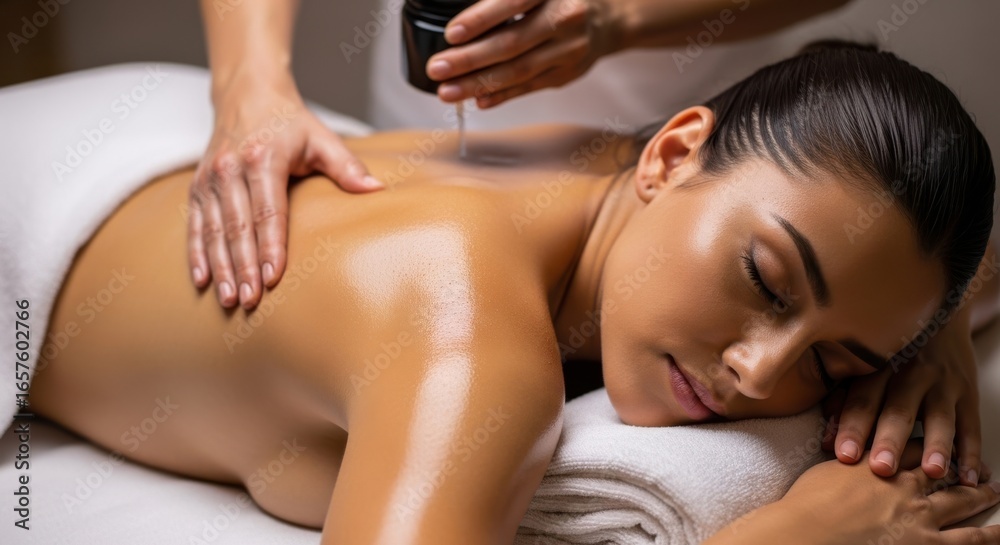 Fototapeta premium A woman receives a relaxing oil massage on her back, promoting wellness and skin care in a tranquil spa setting