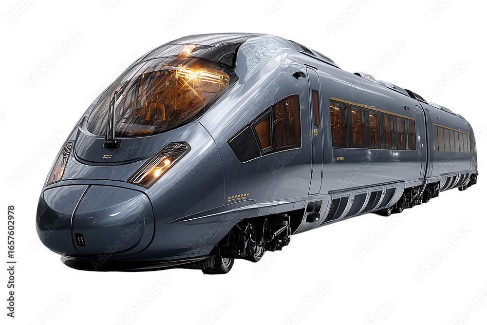 Fototapeta premium Sleek modern high-speed train with illuminated interior, showcasing advanced transportation technology and design innovation.