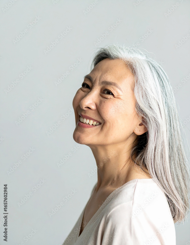 Fototapeta premium a half-body portrait of an elderly Asian woman captures her warm, radiant smile and neatly styled silver hair.